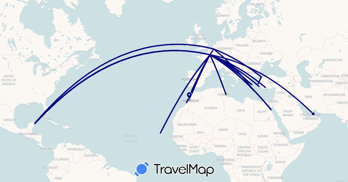 TravelMap itinerary: driving in United Arab Emirates, Belgium, Cape Verde, Egypt, France, Greece, Croatia, Morocco, Mexico, Tunisia, Turkey (Africa, Asia, Europe, North America)
